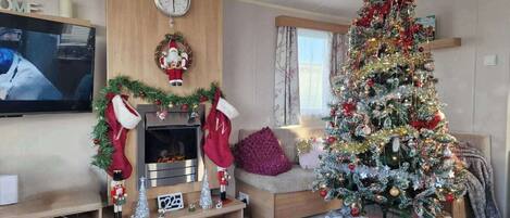 Télévision, cheminée, chaîne hi-fi