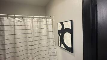 Hair dryer, towels, soap, toilet paper