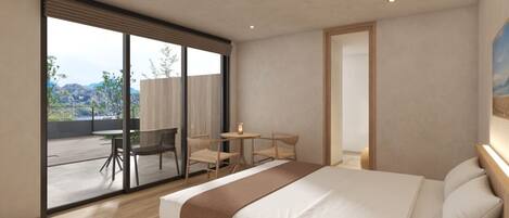 Habitación de hotel moderna con una cama grande, una mesita con sillas y una puerta corrediza de vidrio que da a un patio exterior.