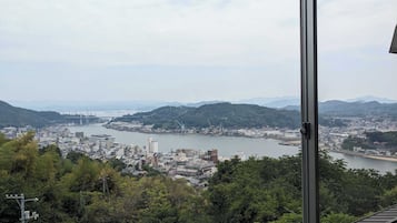 A panoramic view of a coastal city with a river, hills, and a bridge.