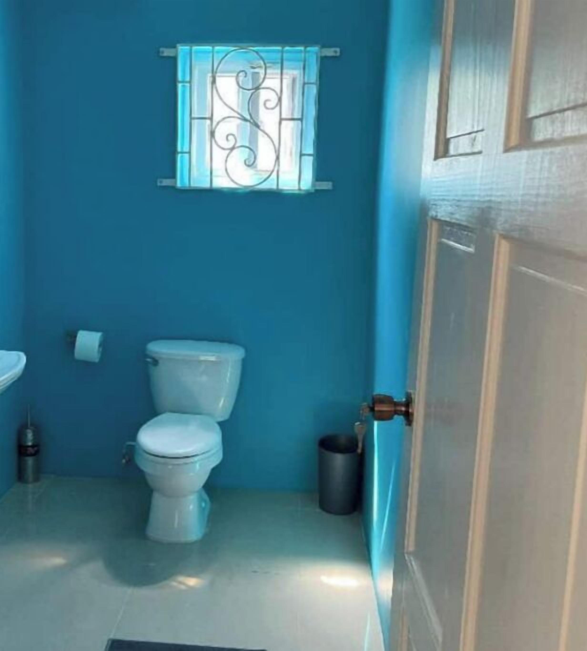 Un baño pequeño con inodoro, lavamanos y una ventana con celosías decorativas.