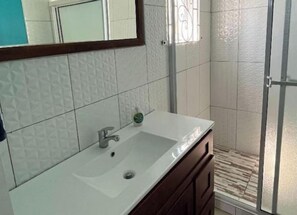 Shower, towels, toilet paper