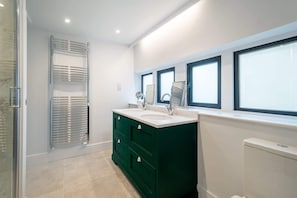 Shower, hair dryer, towels