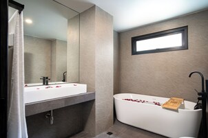 Hair dryer, towels, soap, shampoo