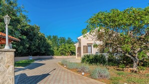 A paved driveway leading to a building with a tiled roof and a stone wall on the left. - Holiday home Suric (Privlaka)