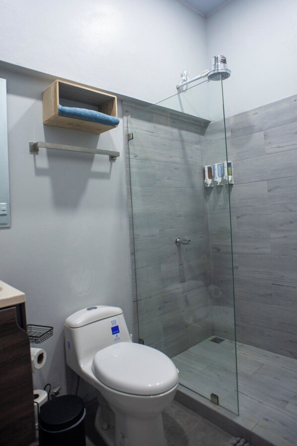 A modern bathroom with a glass-enclosed shower, a toilet, and a wooden shelf above the sink.