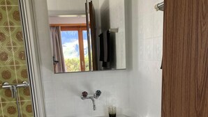 Un baño con ducha, lavabo y espejo.