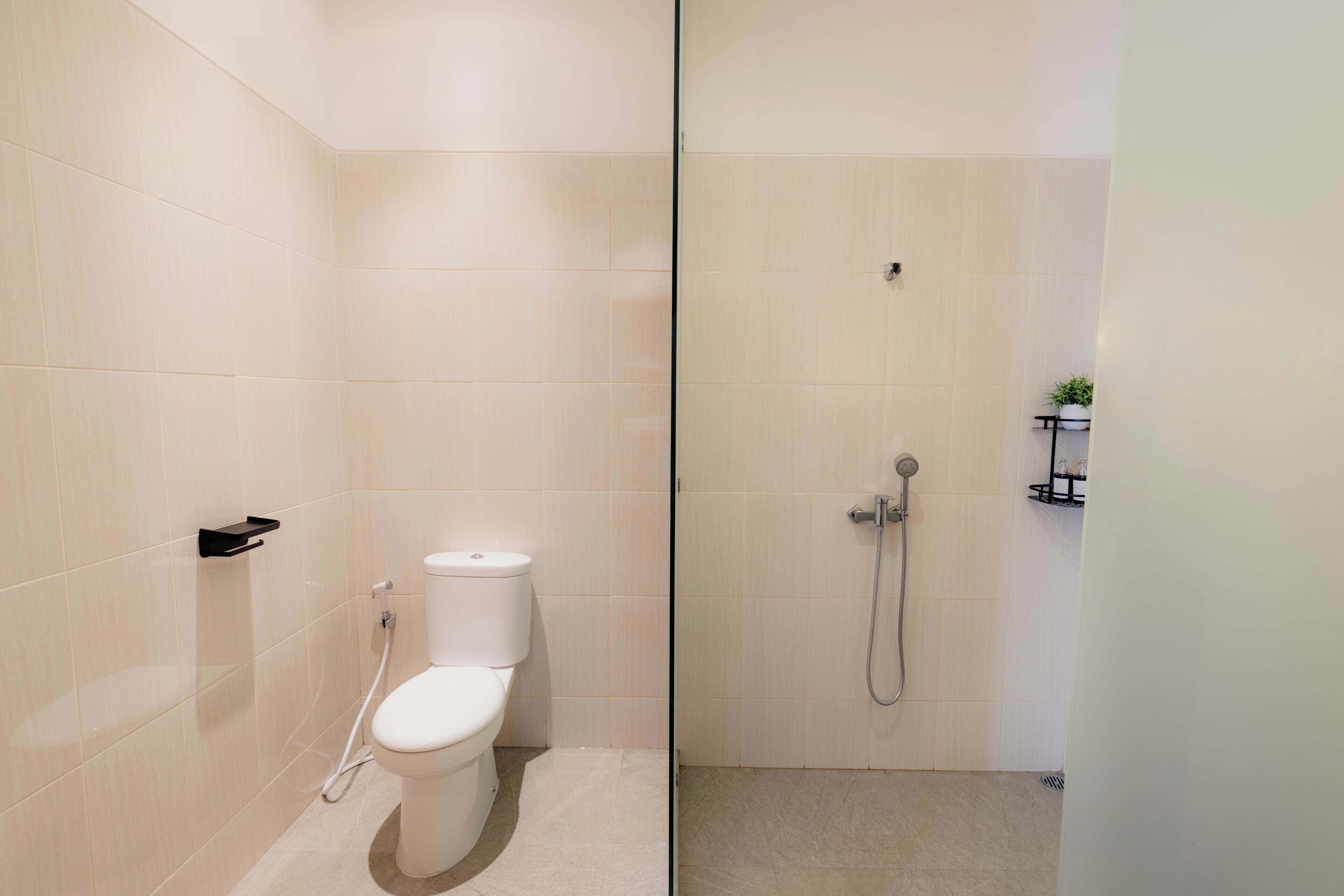 A modern bathroom with a toilet, shower, and a small shelf with a plant.