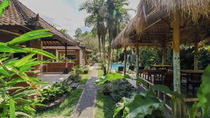 Un resort tropical con edificios de techo de paja, piscina y abundante vegetación.