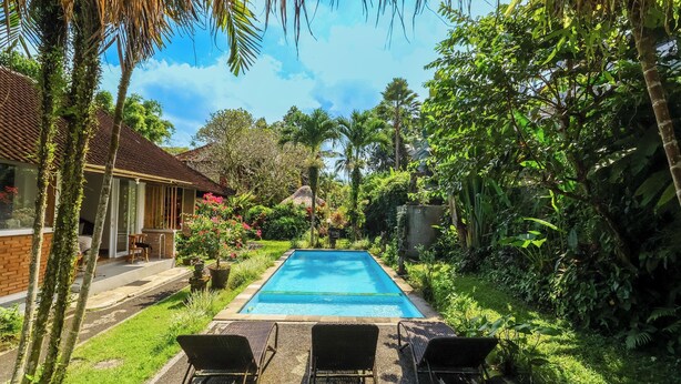 Piscina rectangular con superficie de agua azul cristalina, rodeada de vegetación exuberante y palmeras. Hay dos sillas de descanso mirando la piscina, y un pequeño patio a la izquierda con una mesa y sillas.