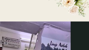 Una escalera conduce a una habitación con un mural de un paisaje forestal y una puerta con la inscripción "Ling's Airbnb".