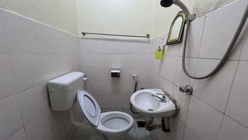 Une petite salle de bain avec des toilettes, un lavabo et une douche.