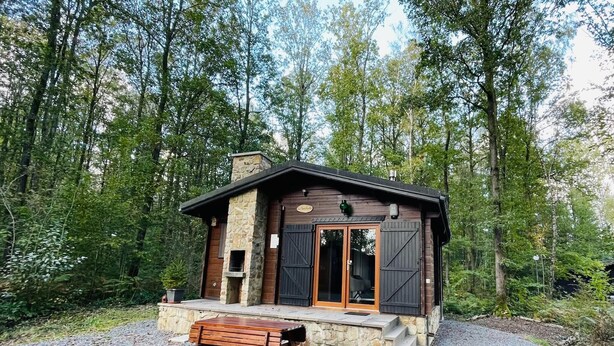 A rustic cabin with a stone foundation, wooden exterior, and a bench outside.