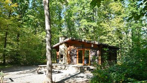 Een rustieke houten chalet met stenen fundering en een glazen deur.