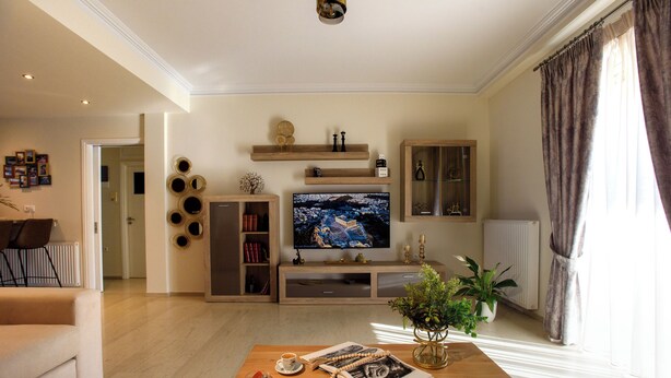 A living room with a TV, wooden shelves, a coffee table with magazines, and a potted plant. - Blue Ark Harmony Residence (Nea Smirni)