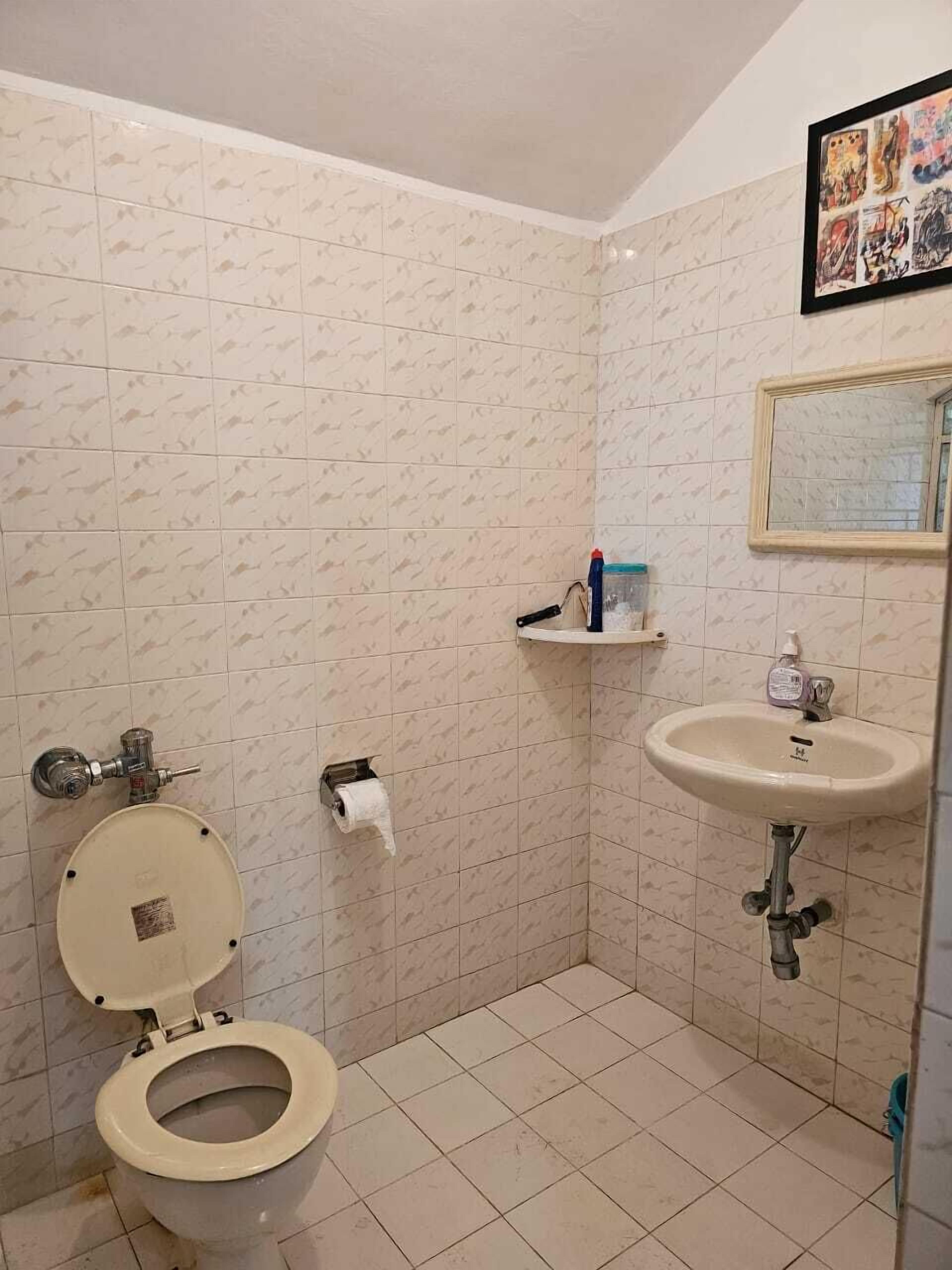 Een badkamer met toilet, wastafel en een inlijsting foto aan de muur.
