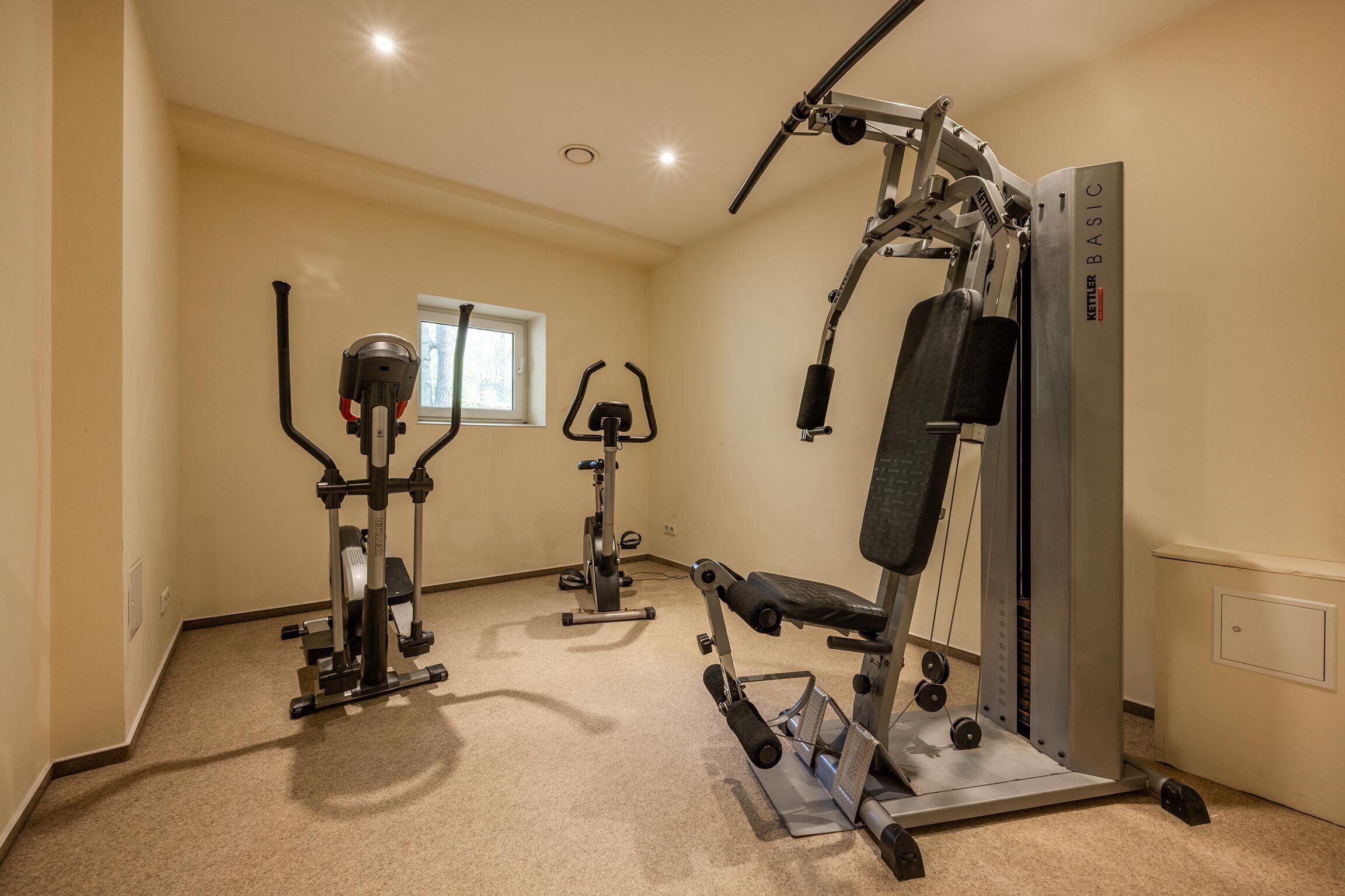 A home gym with various exercise equipment, including a bench press, a cable machine, and a stationary bike.