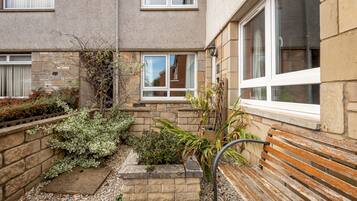 A courtyard with a stone wall, a wooden bench, and various plants.