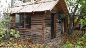 A rustic wooden cabin with a sloped roof, a front door, and windows.
