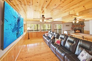 TV, fireplace, table football, ping pong - Angels View Chalet: Spectacular 6 Bedroom Luxury Cabin w/ Incredible Amenities! PET FRIENDLY! HOT TUB! EV Charger! Amazing Game Room w/ Pool Table! Foosball Table! Peaceful Mountain Setting & Sprawling Open Floor Plan! (Big Bear City)