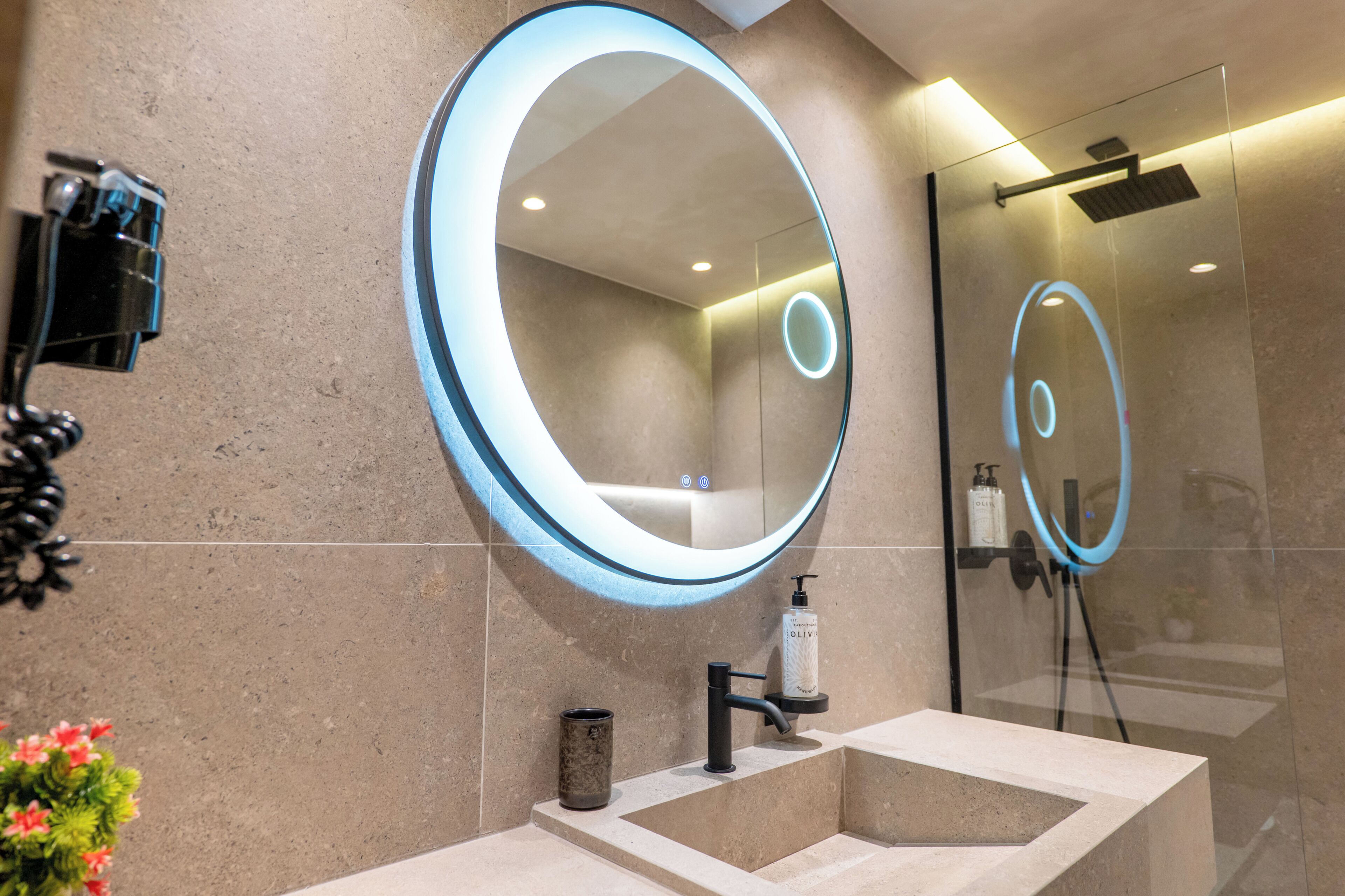 A modern bathroom with a large mirror, a sink, a shower, and a small plant.