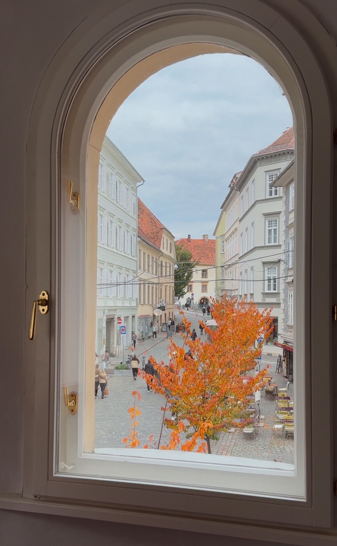 A view through an arched window of a street with buildings, a tree with orange leaves, and a cobblestone ground.