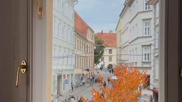 A view through an arched window of a street with buildings, a tree with orange leaves, and a cobblestone ground.