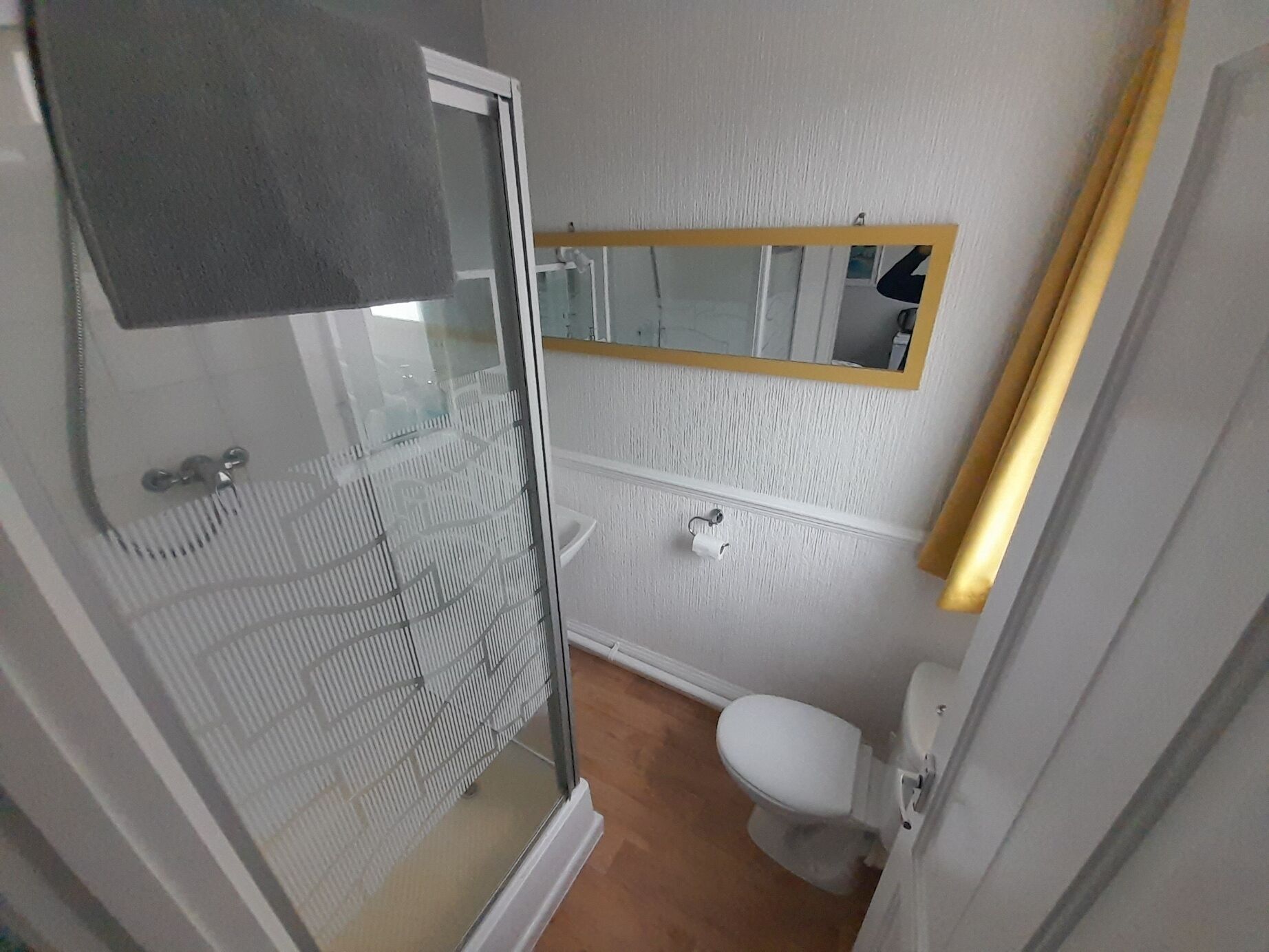 Ein Badezimmer mit Duschkabine aus Glas, Toilette und Spiegel mit goldener Rahmung.
