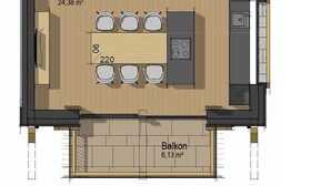 Plantegning der viser en stue (17,76 m²), et køkken (24,38 m²), en balkon (6,13 m²), et loftrum (13,92 m²) og en loggia (1,93 m²).