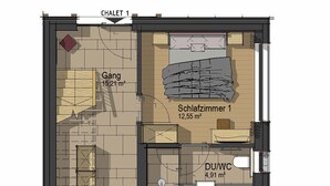 En plantegning af et hotel med eget badeværelse, to værelser med eget badeværelse, et badeværelse, et værelse og en terrasse.