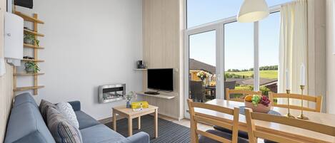 Tv, eldstad, dvd-spelare och en stereo