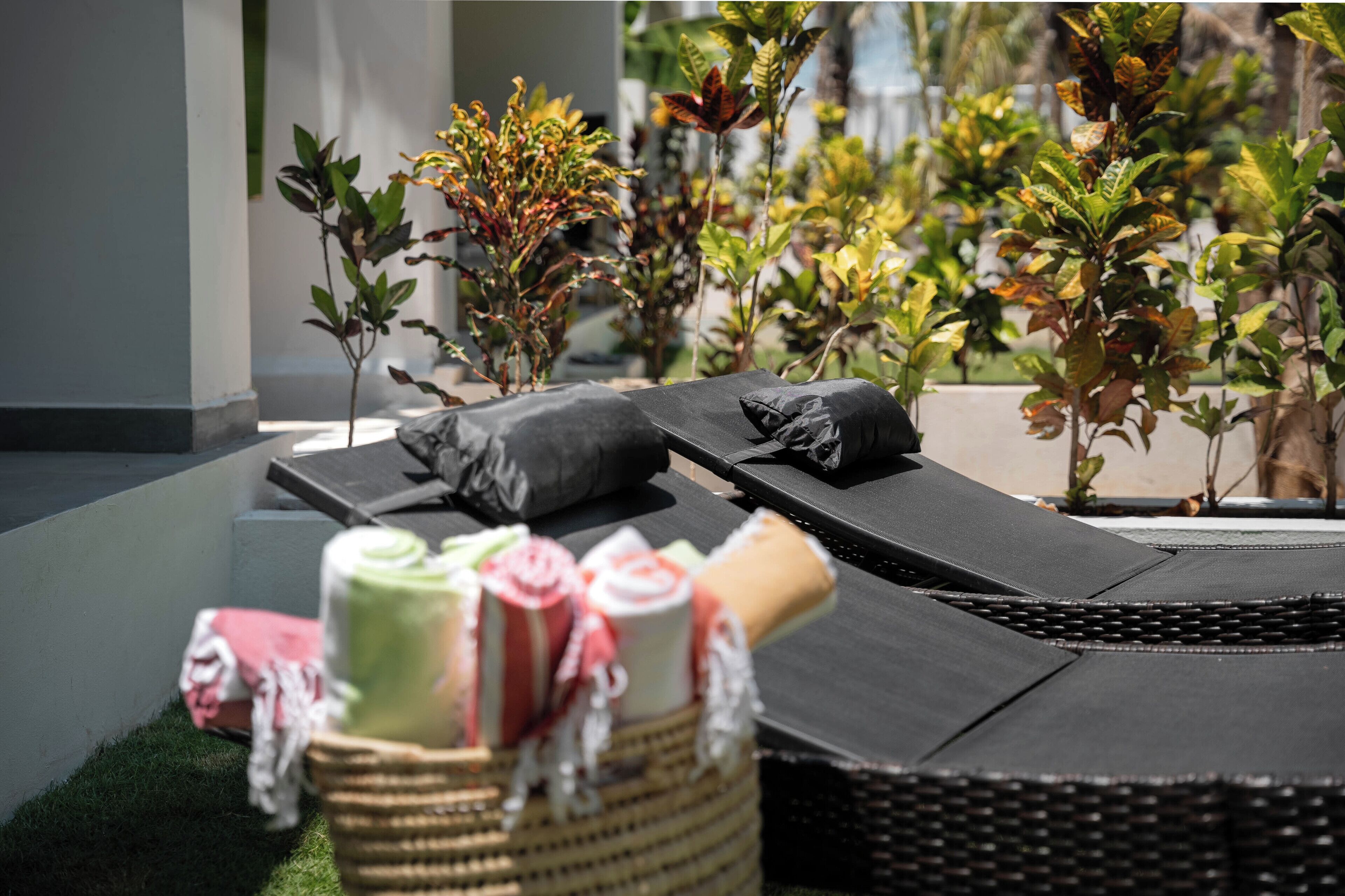 A sunlit outdoor seating area with a black cushioned bench, a wicker basket with rolled-up mats, and small potted plants.