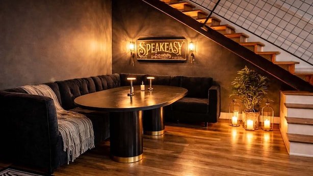 Un espacio lounge moderno con una mesa redonda, sofás de cuero oscuro, una escalera y un letrero que dice 'SPEAKEASY'.
