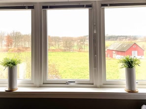 Una ventana con dos macetas de plantas, que da a un paisaje rural con un granero rojo.
