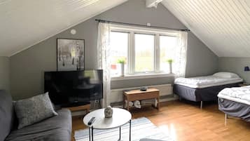 A cozy attic bedroom with a TV, two beds, a sofa, and a small table.