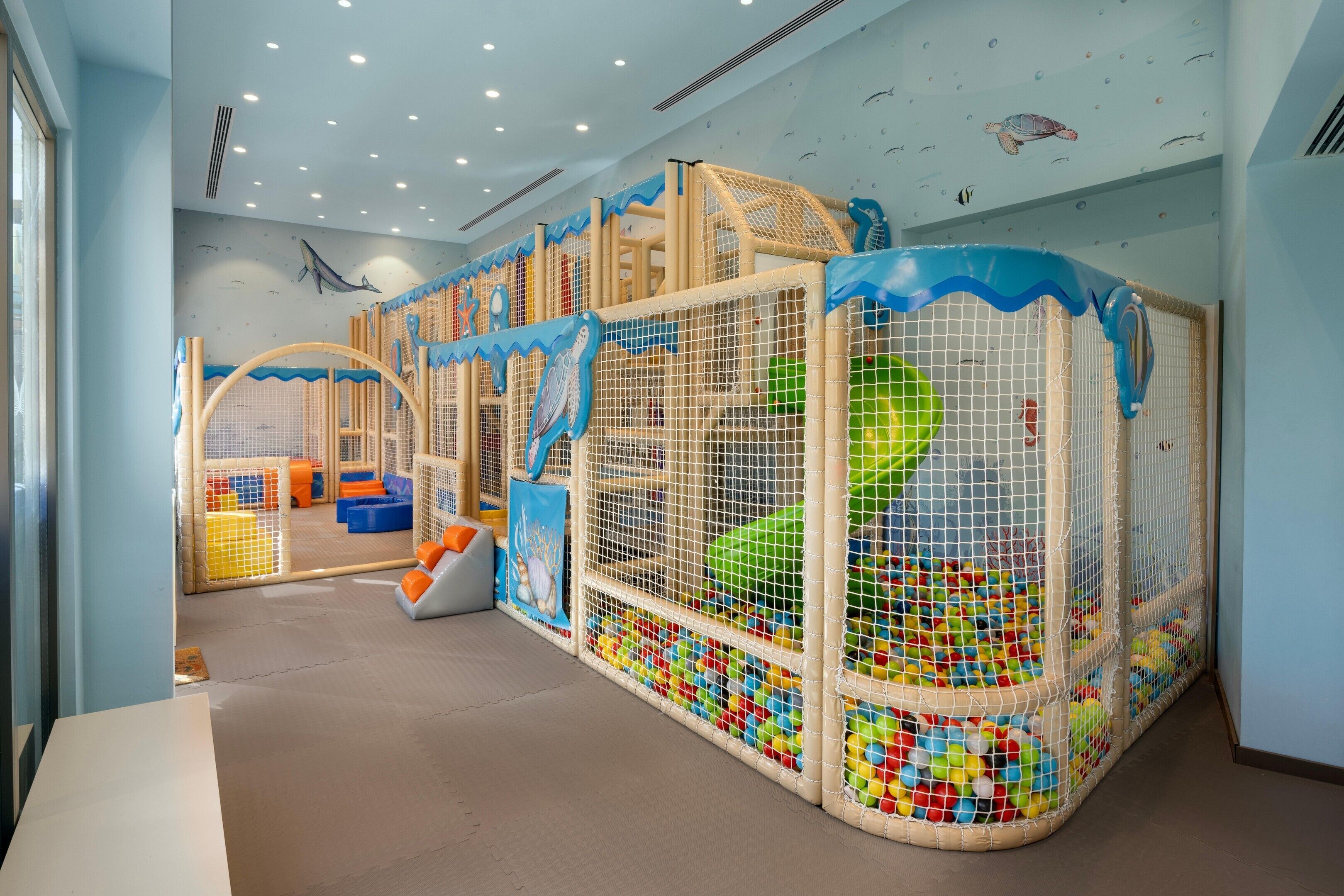 A children's play area with netted climbing structures and a ball pit.