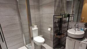 Une salle de bain moderne avec une douche à parois de verre, des toilettes, un lavabo et un miroir.