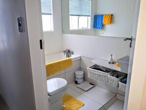 Hair dryer, towels, soap, toilet paper