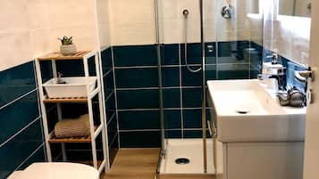 Shower, hair dryer, bidet, towels