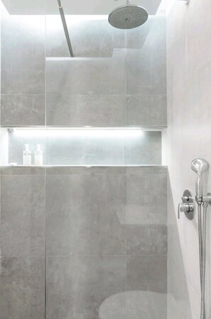 Douche, séchoir à cheveux, serviettes fournies, savon