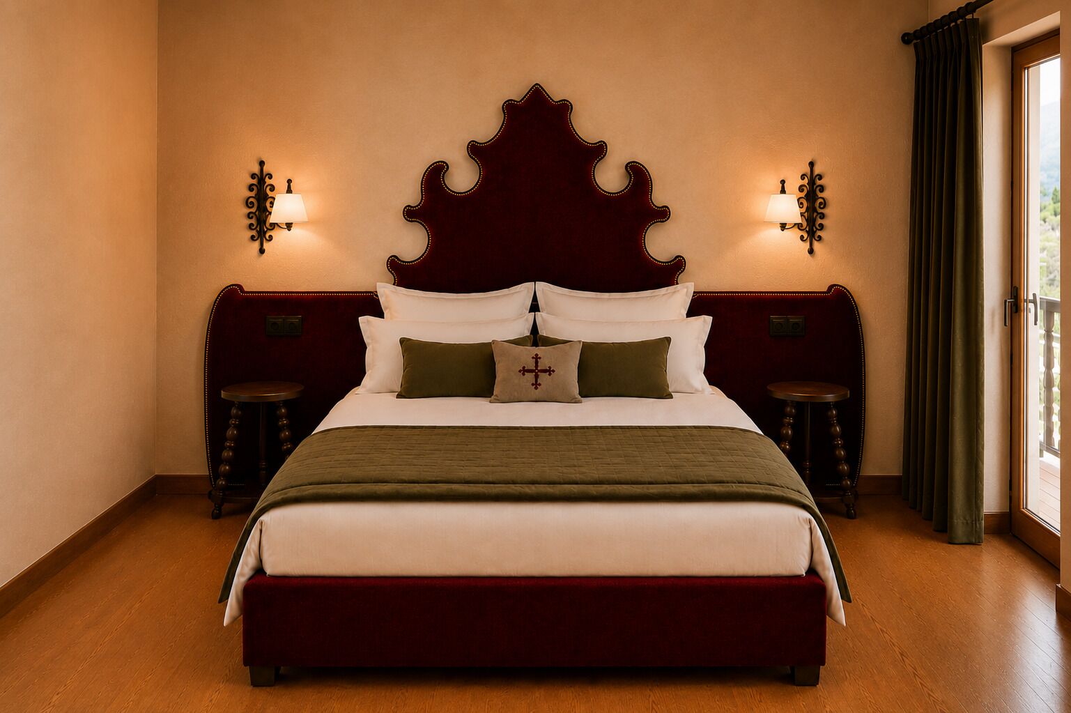 Una cama grande con cabecera oscura, dos mesitas de noche y lámparas fijadas a la pared.