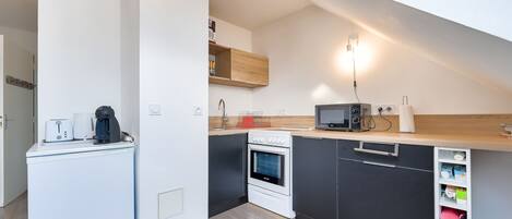 Fridge, microwave, oven, coffee/tea maker