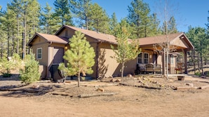 A two-story house with a wooden exterior, surrounded by pine trees, and a patio area with outdoor furniture. - Fish, Hike & Sightsee: Lovely Florissant Cabin! (Florissant)