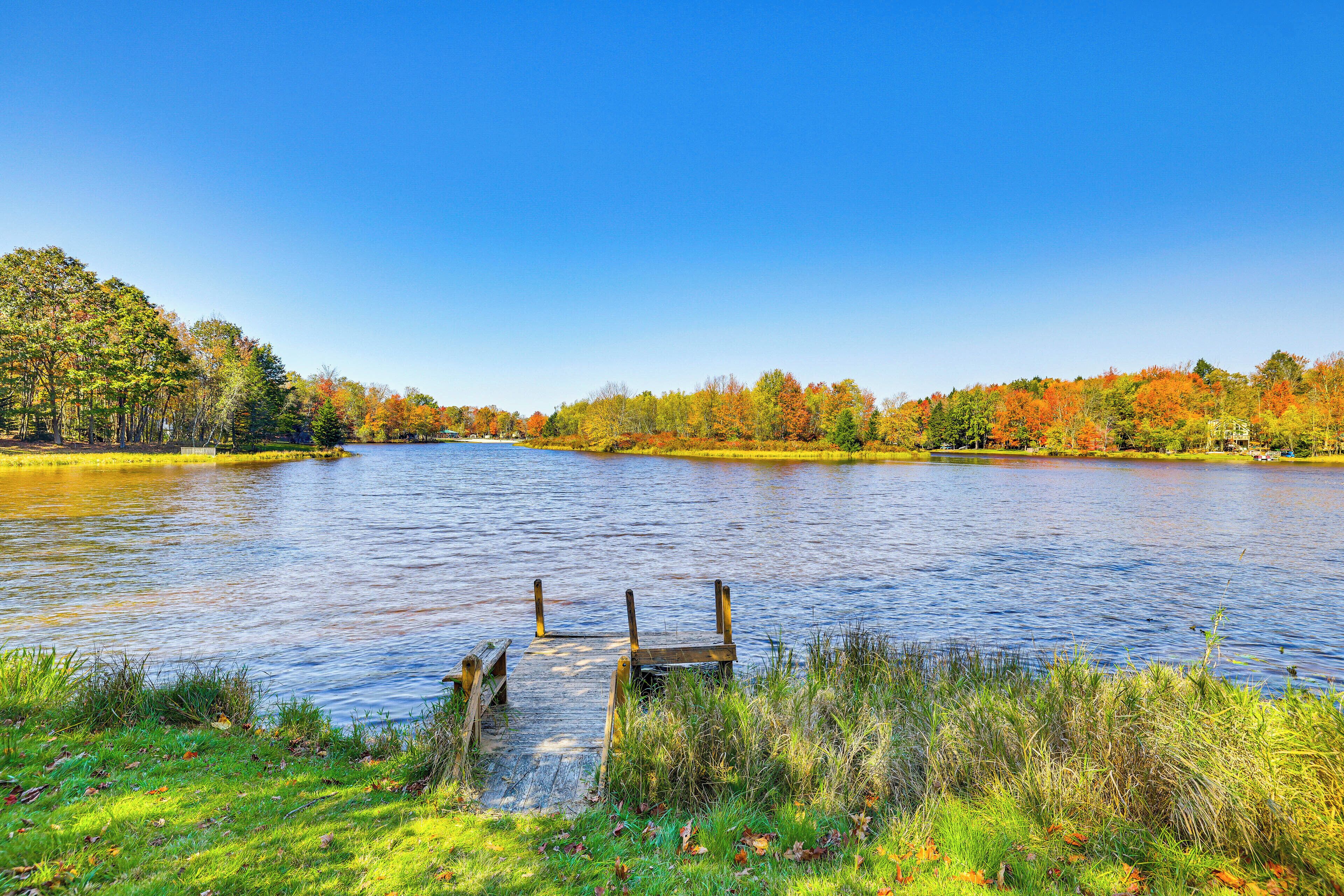 A serene lake with a wooden dock extending into the water, surrounded by lush greenery and trees with autumn foliage.