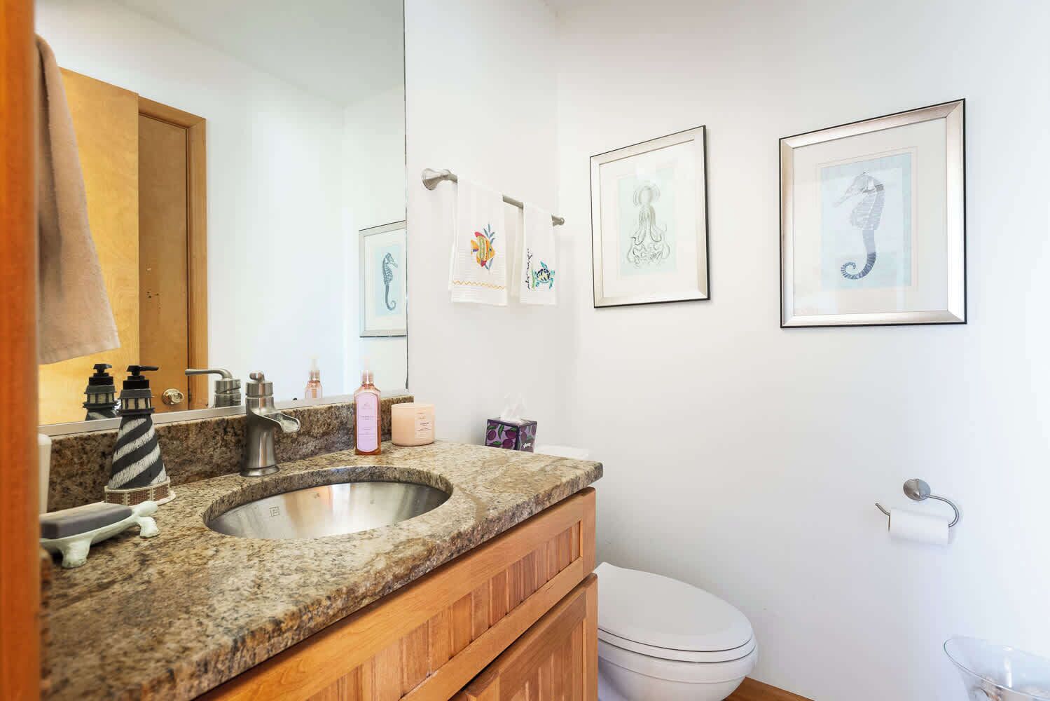 A bathroom with a granite countertop sink, wooden cabinets, a white toilet, and framed artwork on the wall.