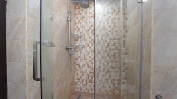 Hair dryer, towels, soap, shampoo