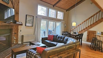 Smart TV, fireplace, books