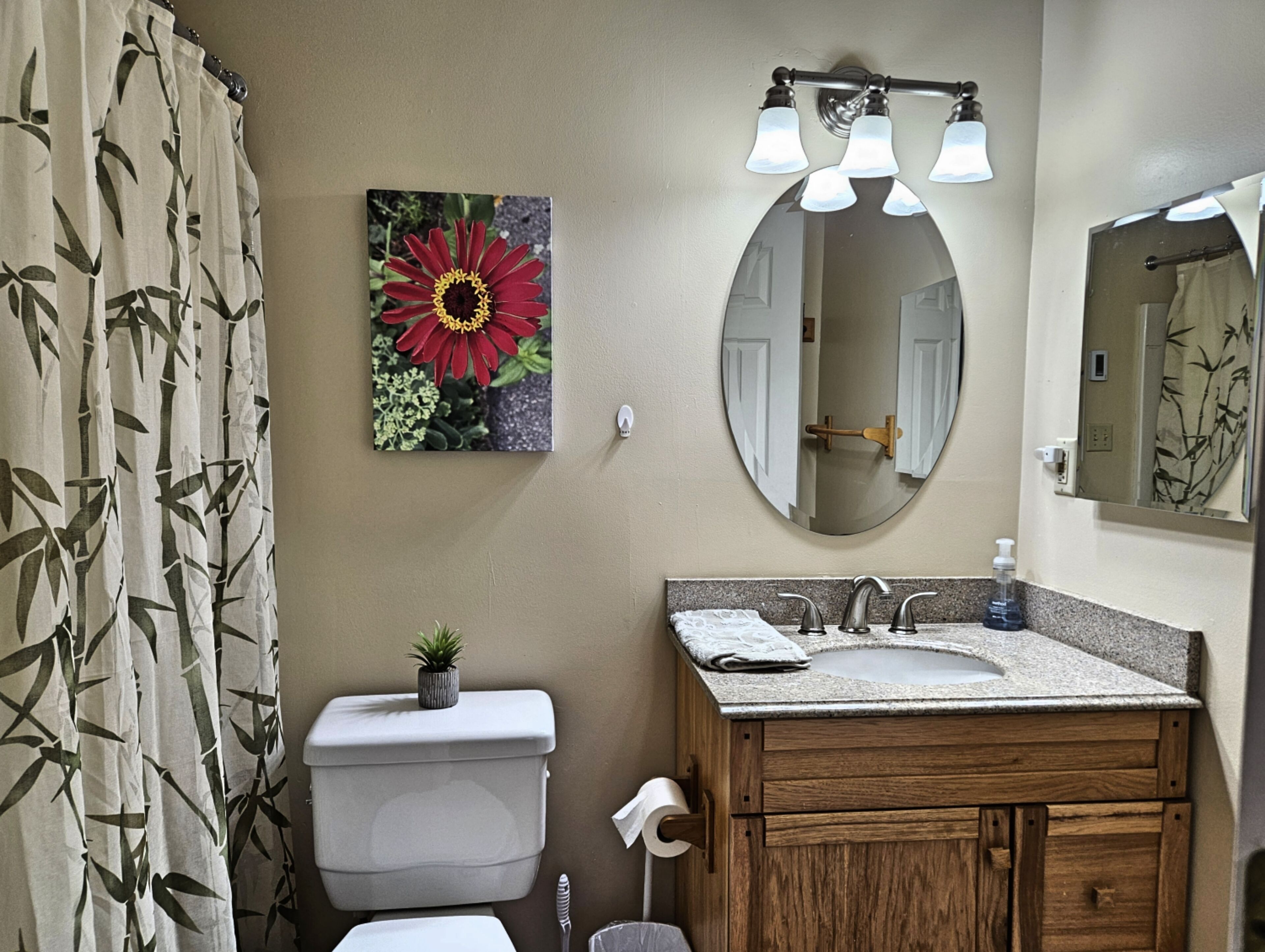 A bathroom with a toilet, sink, mirror, and a wall-mounted light fixture.