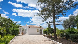 A cobblestone pathway leading to a white building with a tiled roof, surrounded by greenery and trees. - Garden House- Pool, Self Check-in, Private Entrance (Carvoeiro)