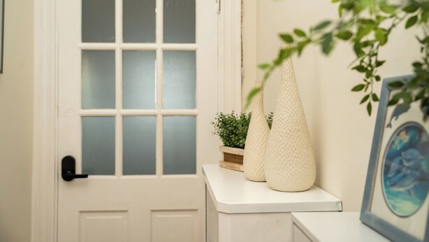 Une porte blanche avec des panneaux en verre dépoli, une petite plante posée sur un support en bois et un vase blanc texturé sur une surface blanche.